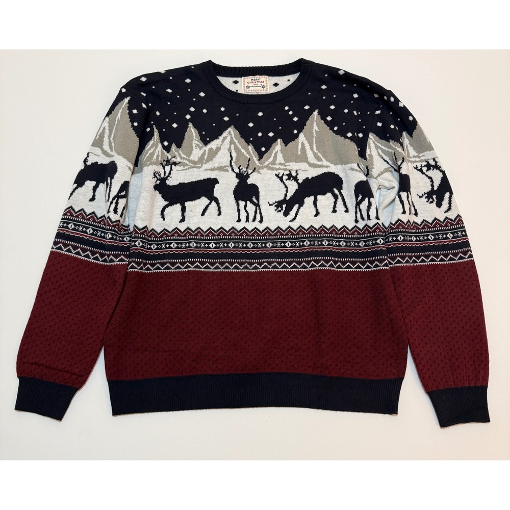 Daisys Boutique Mens Reindeer Mountain Fair Isle Christmas Sweater Navy XL